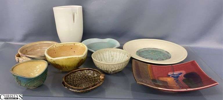 Assorted Studio Pottery Pieces - Vases, Bowls, Plate - 10" D of plate image
