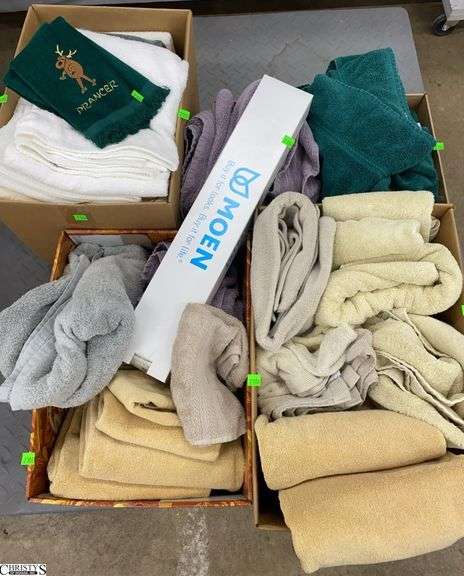 4 Boxes Assorted Bath Towels, Hand Towels, Moen Towel Bar - SKID NOT INCLUDED image