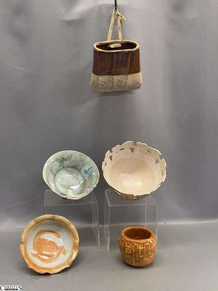 5pcs Studio Pottery - Bowls, Wall Pocket - 8" x 4" of largest bowl image
