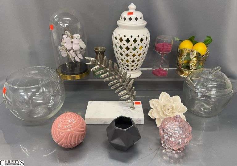 Assorted Tabletop Decor - Vases, Faux Butterfly Display, Hourglass, Misc - 11" of tallest image