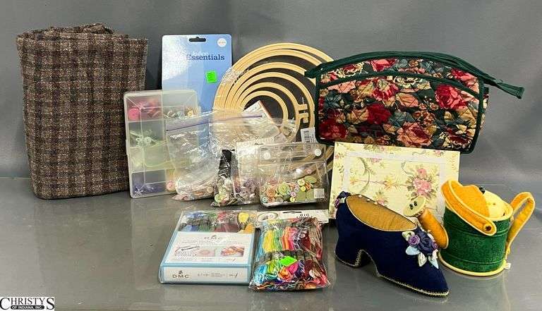 Wool Fabric, Buttons, Needlepoint Rings, Pin Cushion image