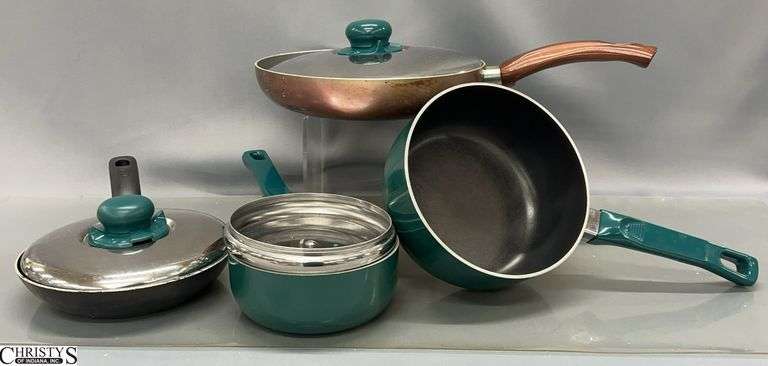 4pcs Pots & Pans - Wearever, TFal, Oster - 10" of largest skillet - shows wear from use image