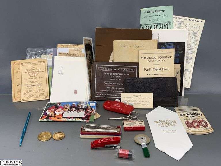 War Ration Booklet, Various Stamps, Marine Band Harmonica, Misc Desk Items image