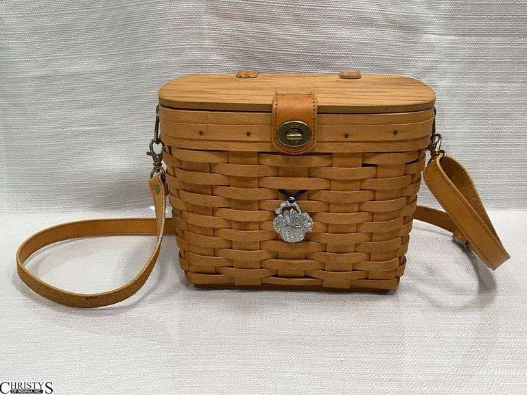 1996 Longaberger Shoulder Purse with Liner, Protector, 2 Longaberger Key Chains, Mirror and Longaberger Pin image