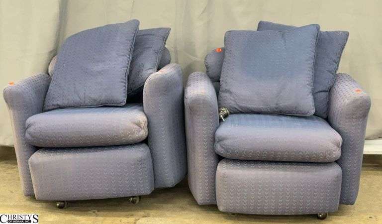 Pair Blue Upholstered Arm Chairs - Shows Heavy Sun Fading - 30" x 25" - 16" seat of each image