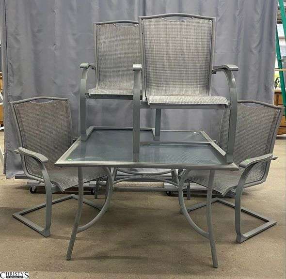 Glass Top Patio Table and 4 Chairs, 2 Various Covers - 45" x 45" x 28" of table - chairs show wear image