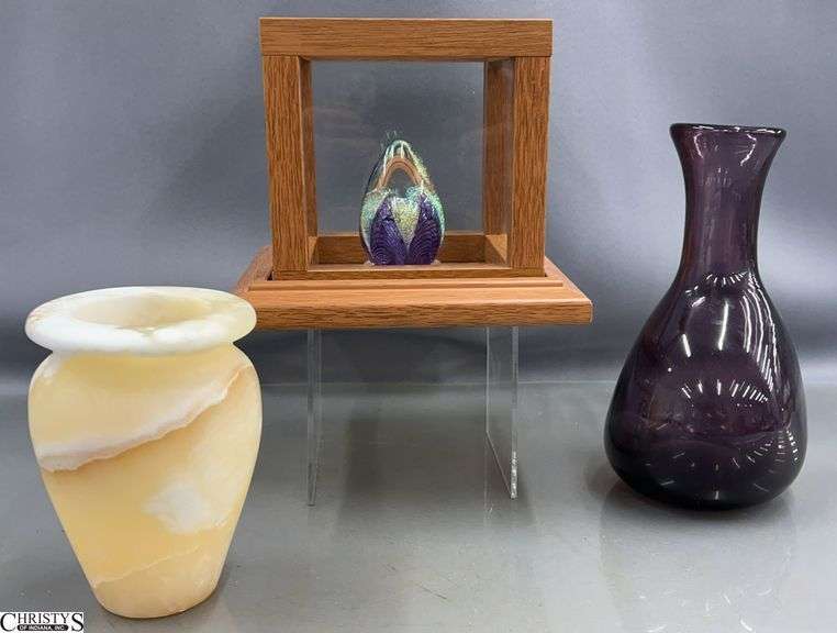 Alabaster Vase, Blown Glass Vase, Art Glass Paperweight in Case - 7" x 7" x 7"  of case image