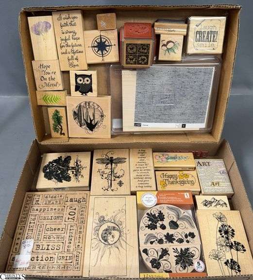 25 Stampin' Up! And Other Unbranded Woodblock Rubber Stamps. The Stamps Feature A Variety Of Images, Including Floral Designs, Inspirational Sayings, Nature Scenes, And Abstract Patterns. image