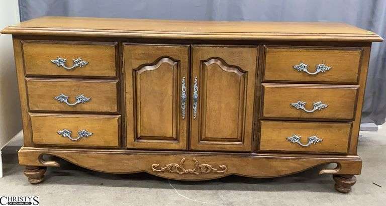 French Style Console Chest - 76" x 20" x 36" - center appears to have been cleared for electronics, features 6 drawers, 3 on each end image