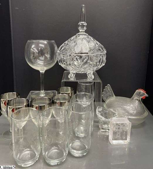 Crystal Lidded Dish, Stemware, Glass Hen on Nest - 10.5" of tallest image