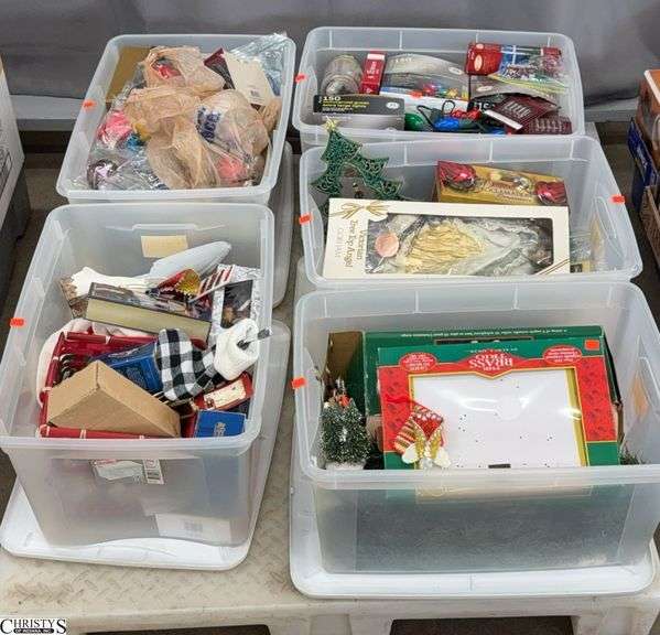 5 Totes Assorted Christmas - Lights, Ornaments, Tree Topper, Tabletop Decor, Misc - SKID NOT INCLUDED image