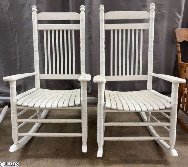 2 Painted Wooden Rocking Chairs - 46" - 17" seat - both show wear, some damage to edges image
