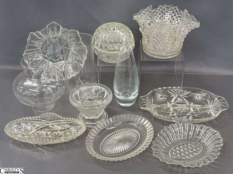 Assorted Pressed Glass Candle Holder, Hurricanes, Vases, Dishes - 8" of tallest image