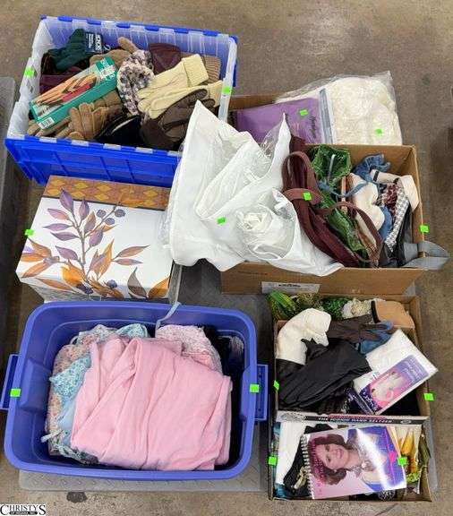 Ladies Winter Gloves, Hats, Scarves, Socks, Pajama Pieces, Dress Scarves, Door Shoe Organizer Bags, Tote Bags - Most gloves marked M, Clothing pieces 1x and 2x - SKID NOT INCLUDED image