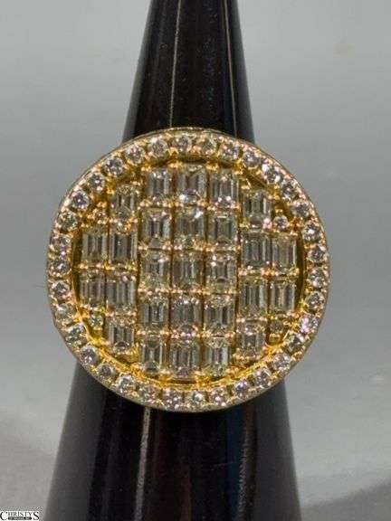 Circular Yellow Gold and Diamond Ring.  Center Stones are Baguettes with Princess Cut Accent Diamonds.  Tests 10K and Diamond image