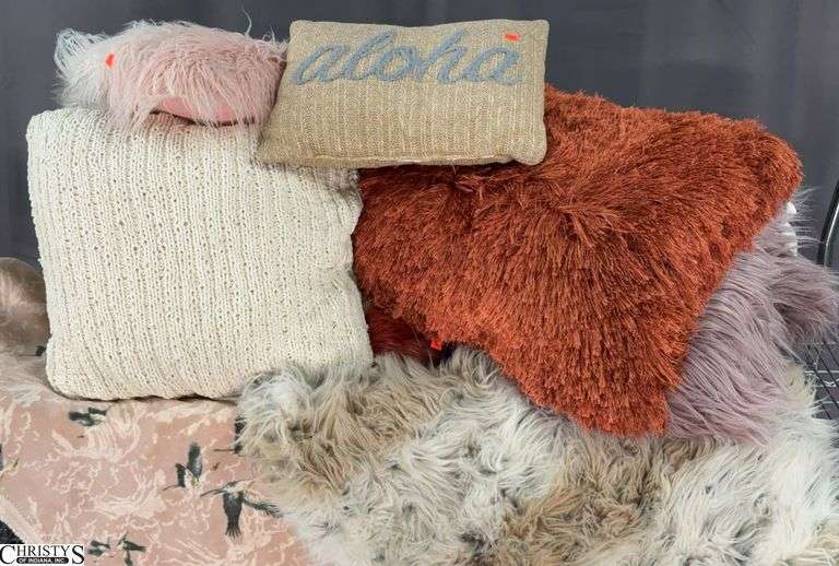 2 Boxes Assorted Throw Pillows and Blankets - 16" x 16" of largest pillow image