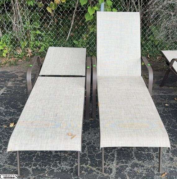 2 Adjustable Patio Outdoor Loungers - 24" W x 66" L x 40" as sits, some scuffing/wear from use image