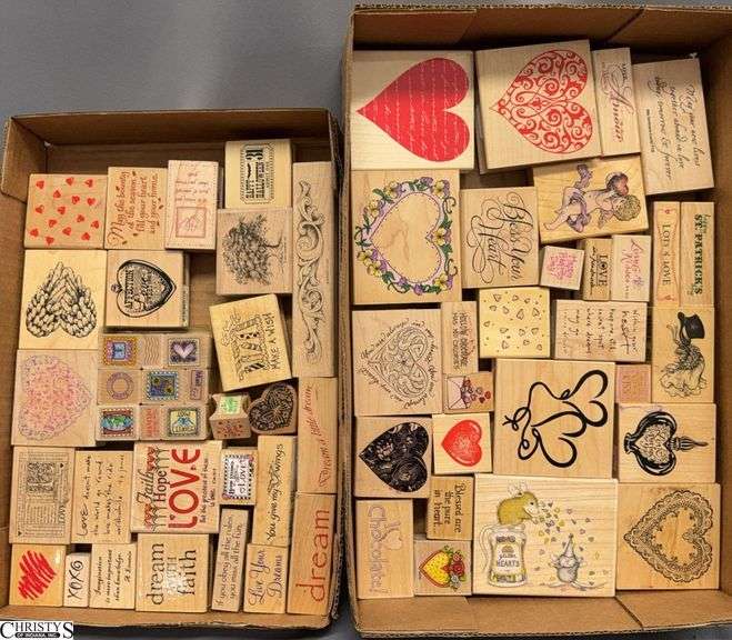 Approx 57 Woodblock Rubber Stamps, Hearts, With Love, Inspirational Quotes image