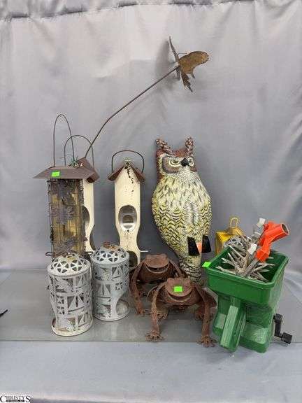 Birdfeeders, Small Lanterns, Metal Frogs, Hand Seeder, Inflatable Owl - 17" of feeder image