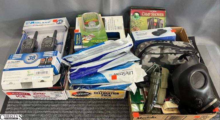 Camp/Survival Supplies - Gas Mask, Life Straws, Camp Shower, Walkie Talkies, Monocular Telescope, Misc, image