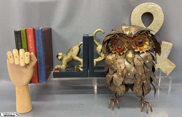 Metal Owl Sculpture, Monkey Bookends, Wooden Hand, Book Storage Box, & Sign - 12" of tallest - One bookend is damaged, Owl need eye repair image