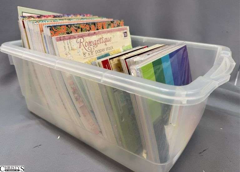 Tote With Approx 33 Paper Stacks, Card Stocks Assorted Patterns and Colors, Largest Pads are 8x8 image