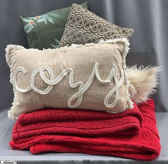4 Throw Pillows, 2 Throw Blankets - Some wear - 15" x 23" of largest image