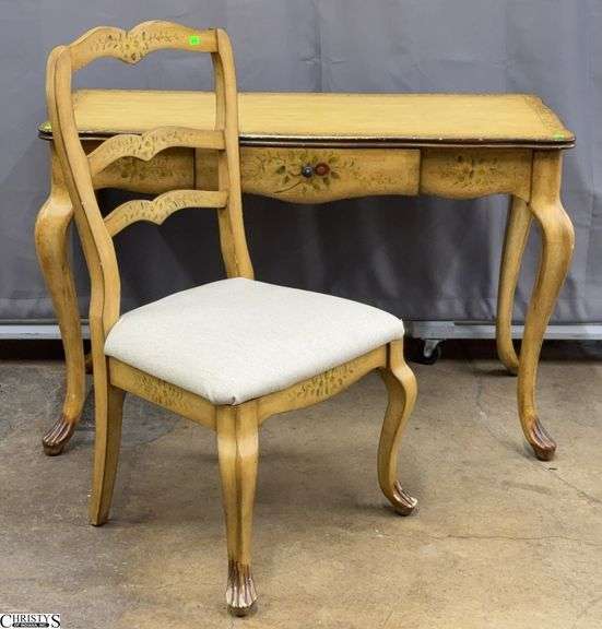 French Country Style Single Drawer Desk and Chair - 48" x 22" x 31" of desk - some edge wear/chipping image