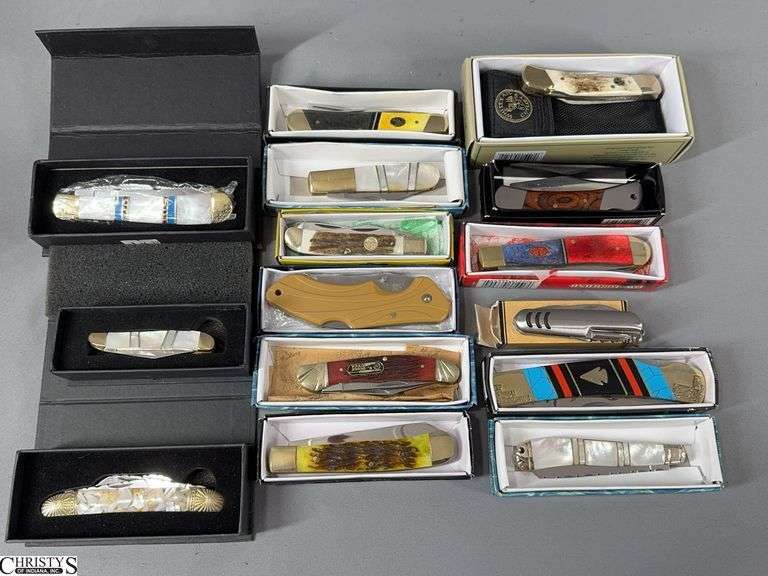15 Pocket Knives in Boxes.  They look to be new.  Brands include Frost, German Bull Brand, Steel Warrior, and Miller Bros. Cutlery image