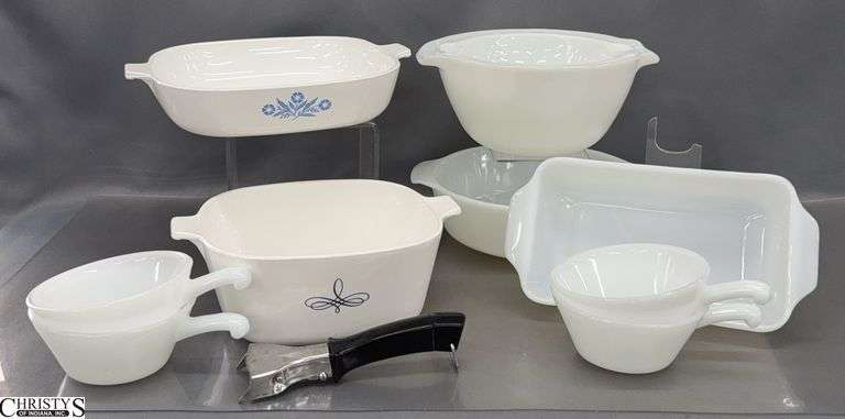 Fire King and Corning Ware Baking Dishes, Mixing Bowls, 1 Handle - 9.5" of largest, some utensil marks image