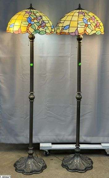 Pair of Stained Glass Style Shade Floor Lamps, Has Damaged on Edge of Shade 16"x60" Tall image