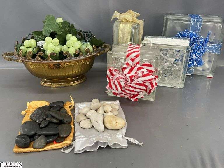 4 Block Lights, Brass Bowl, Decor Stones, Grape Lights - 12" brass bowl image