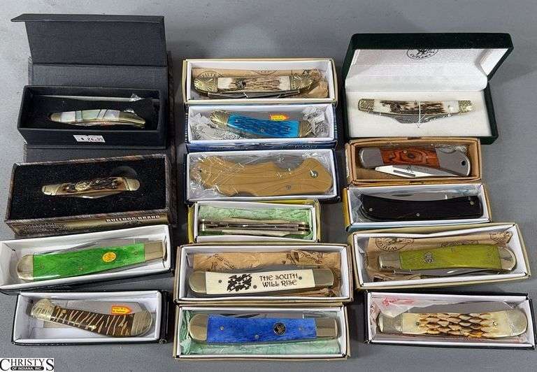 15 Pocket Knives in Boxes.  They look to be new. Brands Include Frost, Barefoot Cutlery, Elk Ridge and Miller Bros. Cutlery, image