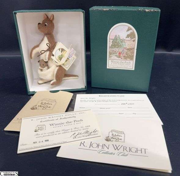 R. John Wright Winnie the Pooh - Pocket Kanga & Roo - in Box with COA Card 5" Tall Box Showing Wear on Edges image