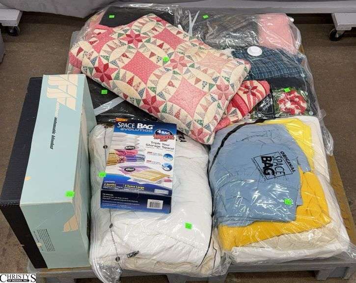 Skid of Soft Goods - Blankets, Afghans, Heated Blanket, Space Bags - SKID NOT INLCUDED image