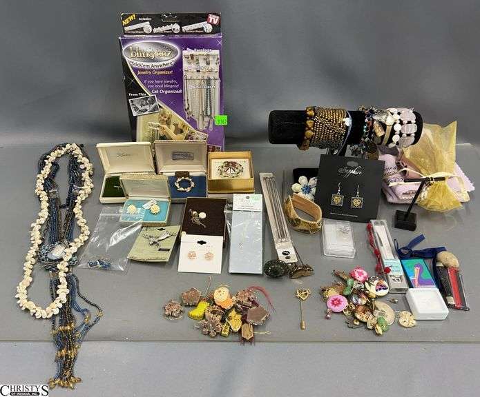 Ladies Costume Jewelry - Antique Hat Pins(Some tested gold), Earrings, Necklaces, Bracelets, Bling eez Jewelry Organizer image