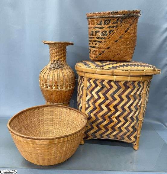 4 Asian Influence Woven Baskets - 15" x 15" of largest image