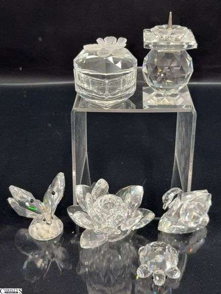 6 Swarovski Crystal Figurines, Trinket Box, Candle Stick - 2.5" of tallest - one needs repair image
