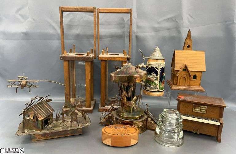 Copper Musical Table Top Pieces, Wooden Candle Holders, Small Stein, Coasters, Misc - 17" of tallest image