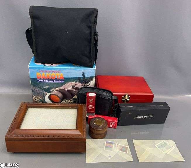 Dakota and Nikon Binoculars, Swiss Army Knives, Pen Set , Trinket Boxes - 8" x 6" of largest image