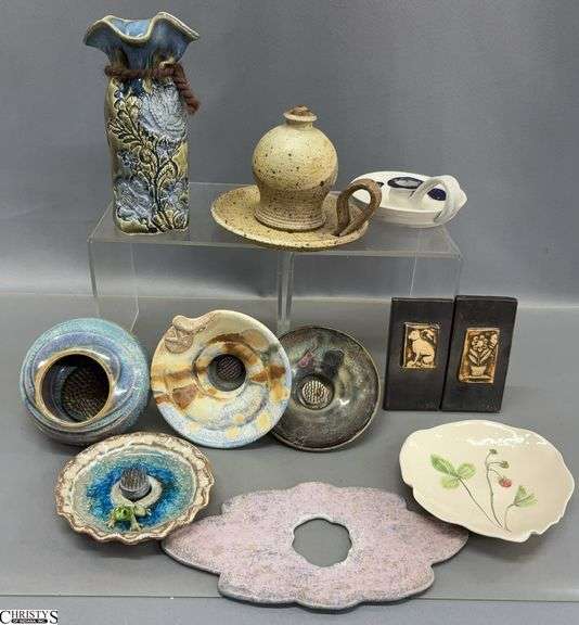 Studio Pottery Ikebana's, Vase, Candlesticks, Small Dishes, and Small Tiles - 10pcs  - 6.5" of tallest image