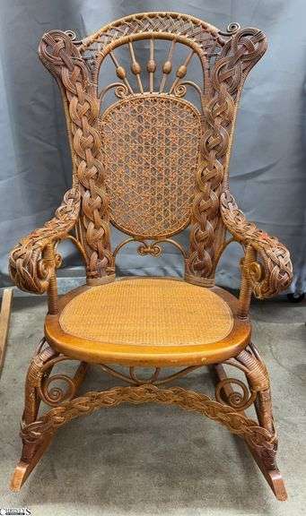 Wicker Victorian Style Rocking Chair - 39" - 16" seat, some damage to wicker, left panel needs reattached image