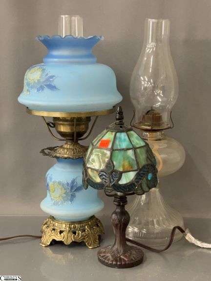 Oil Lamp, Vanity Stained Glass Lamp, Parlor Lamp - 18" T of largest - one shade is damaged image