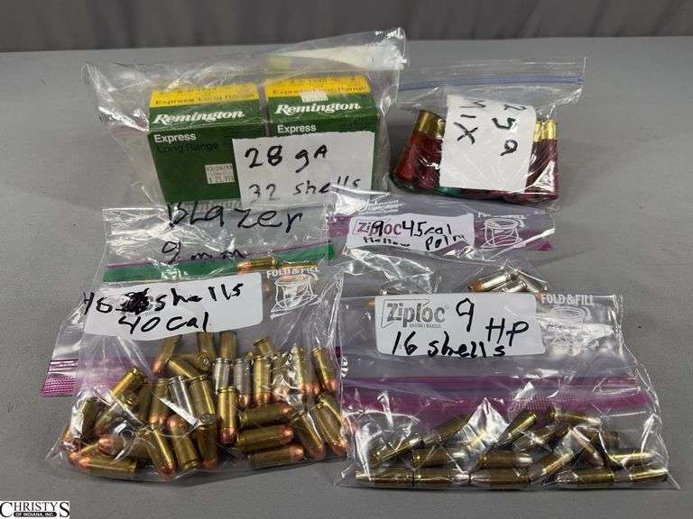 Miscellaneous Ammunition- 10 9mm Blazer Cartridges, 16 9HP Cartridges, 46 cal. 40mm Cartridges, 9 cal. 45 Hallow Point Cartridges, 12 12-Gauge Shotshells and 32 28-Gauge Shotshells image