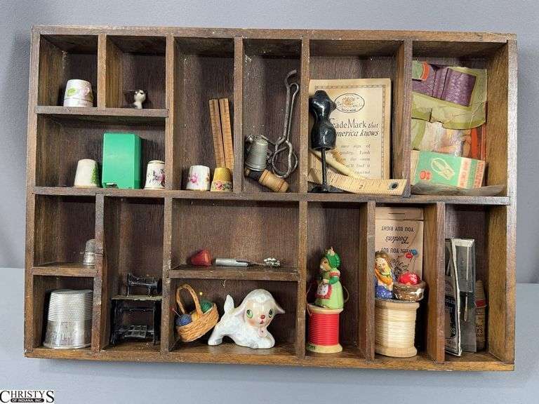 Wooden Knick Knac Display with Some Sewing Miniatures and Thimbles Approx. 10" X 15" image