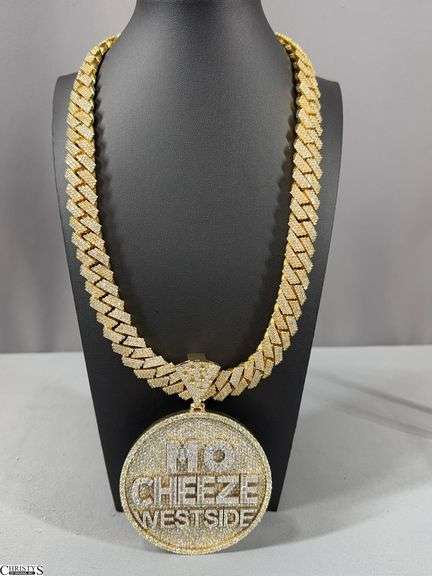 "MO CHEEZE WESTSIDE" Yellow Gold and Diamond Necklace.  Pendant Marked 10K & Approx. 3" Diameter.   Chain and Pendant Tests Diamond and 10K image