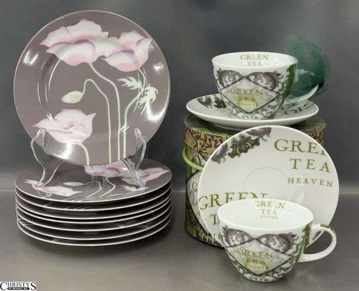 8 Fitz and Floyd "Pavot Gris" Plates and Green Tea Heaven Teacups and Saucers - 7.5" D of plate image