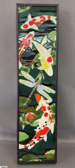 Wayne Gao Koi Motif Glazed Ceramic Framed Plaque - 6" x 24" of frame image