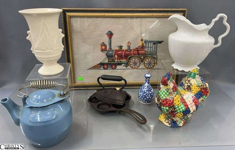 Cast Iron Pan and Iron, John Wright Enameled Cast Iron Kettle, Ship Motif Vase, Ironstone Pitcher, Chicken Decor, Small Vase - 9" of tallest image