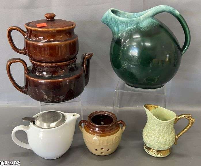 5 Pottery and Ceramic Pitcher, Creamers, Tea Kettle - 8" of tallest image